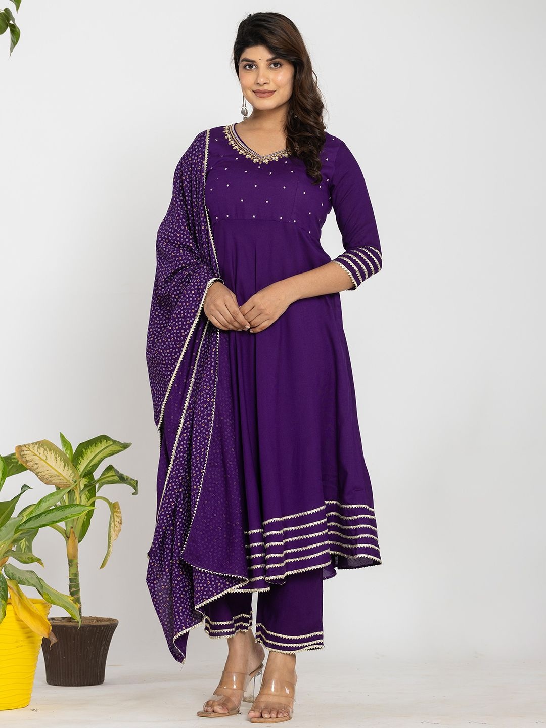 

V.S.Creation Gotta Patti Embroidered Work Anarkali Kurta With Trouser And Dupatta, Purple