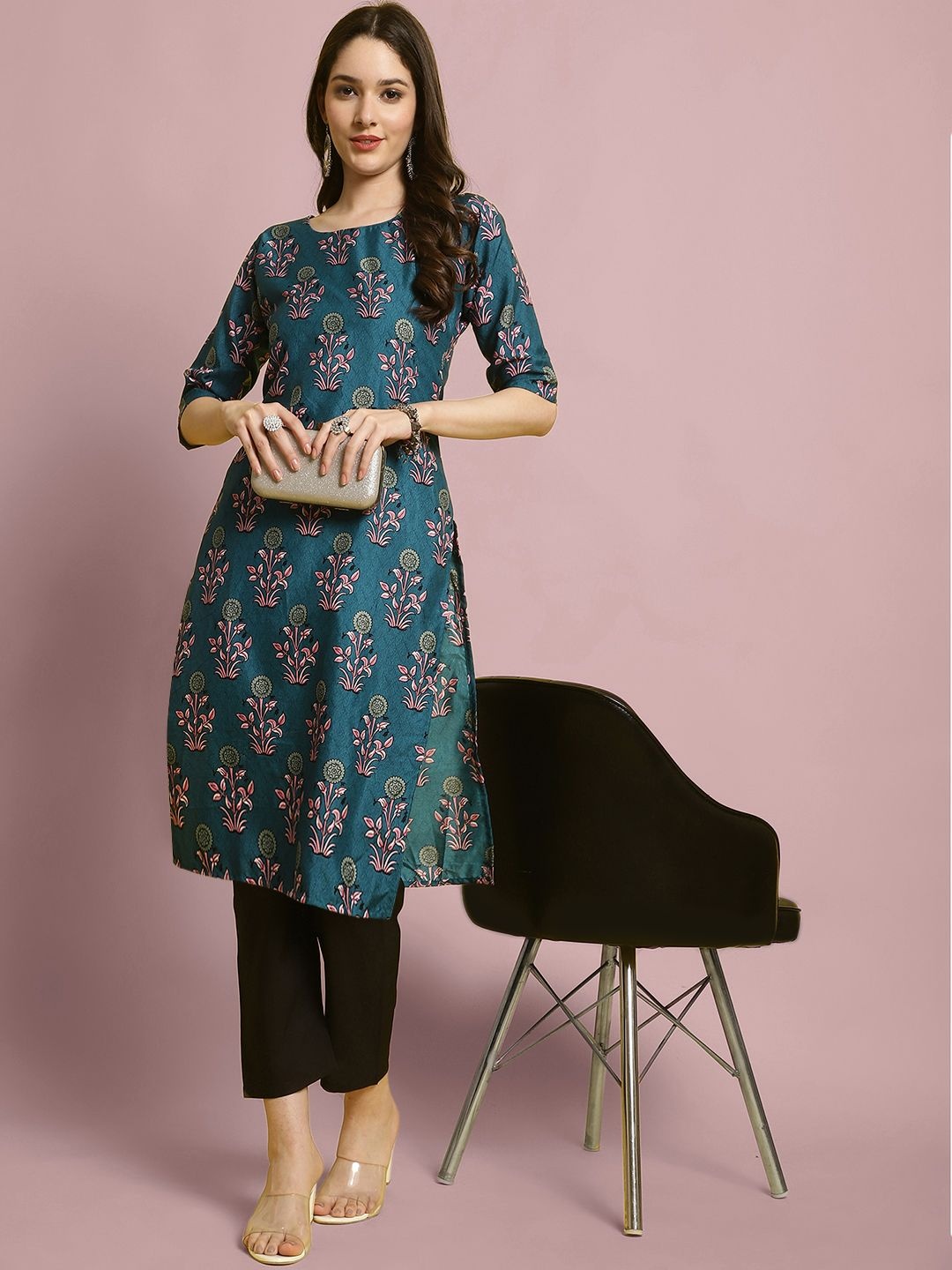 

7Threads Floral Printed Straight Kurta With Trousers, Teal