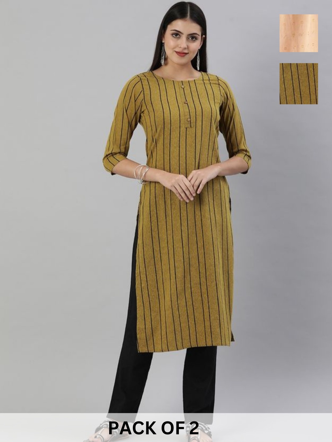 

KALINI Selection Of 2 Striped Printed Round Neck Pure Cotton Straight Kurta, Mustard