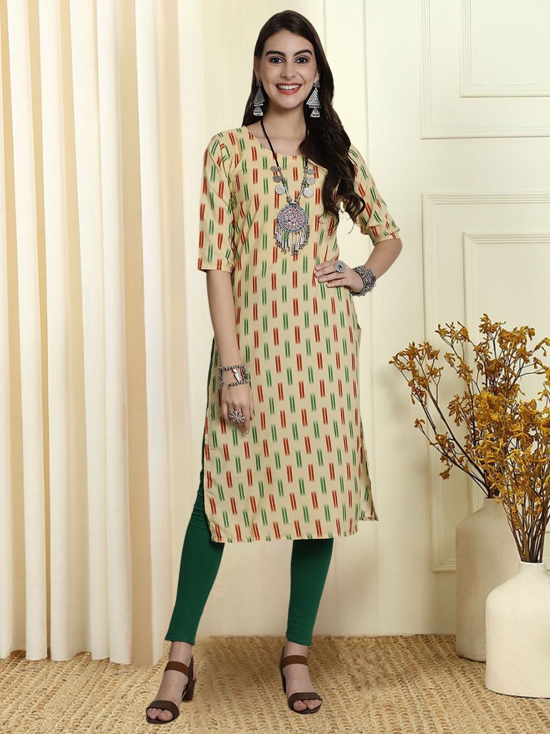 

7Threads Ethnic Motifs Printed Round Neck Straight Kurta, Beige