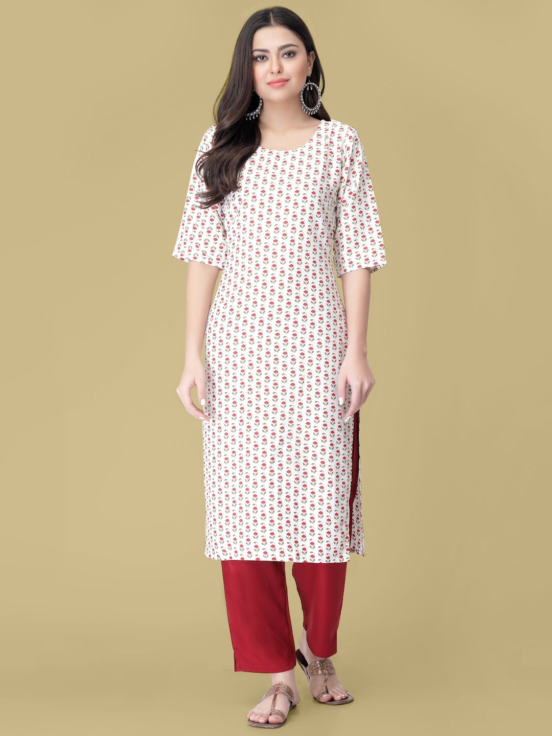 

7Threads Floral Printed Round Neck Regular Straight Kurta With Trouser, White