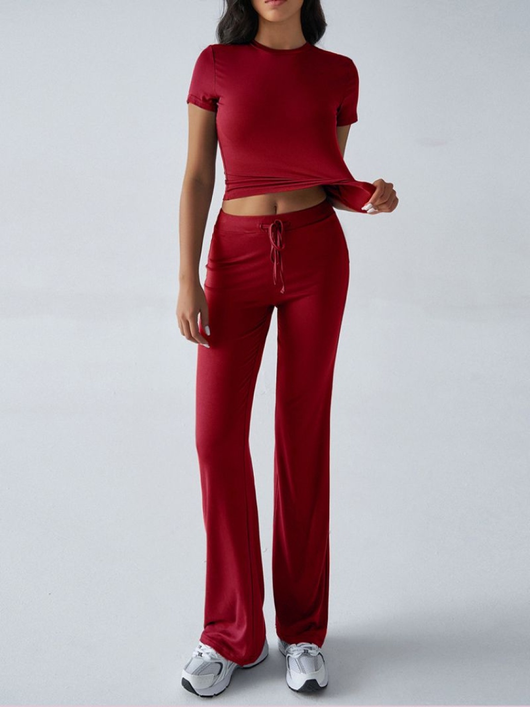 

StyleCast Round Neck Short Sleeves Crop Top With Trousers, Maroon
