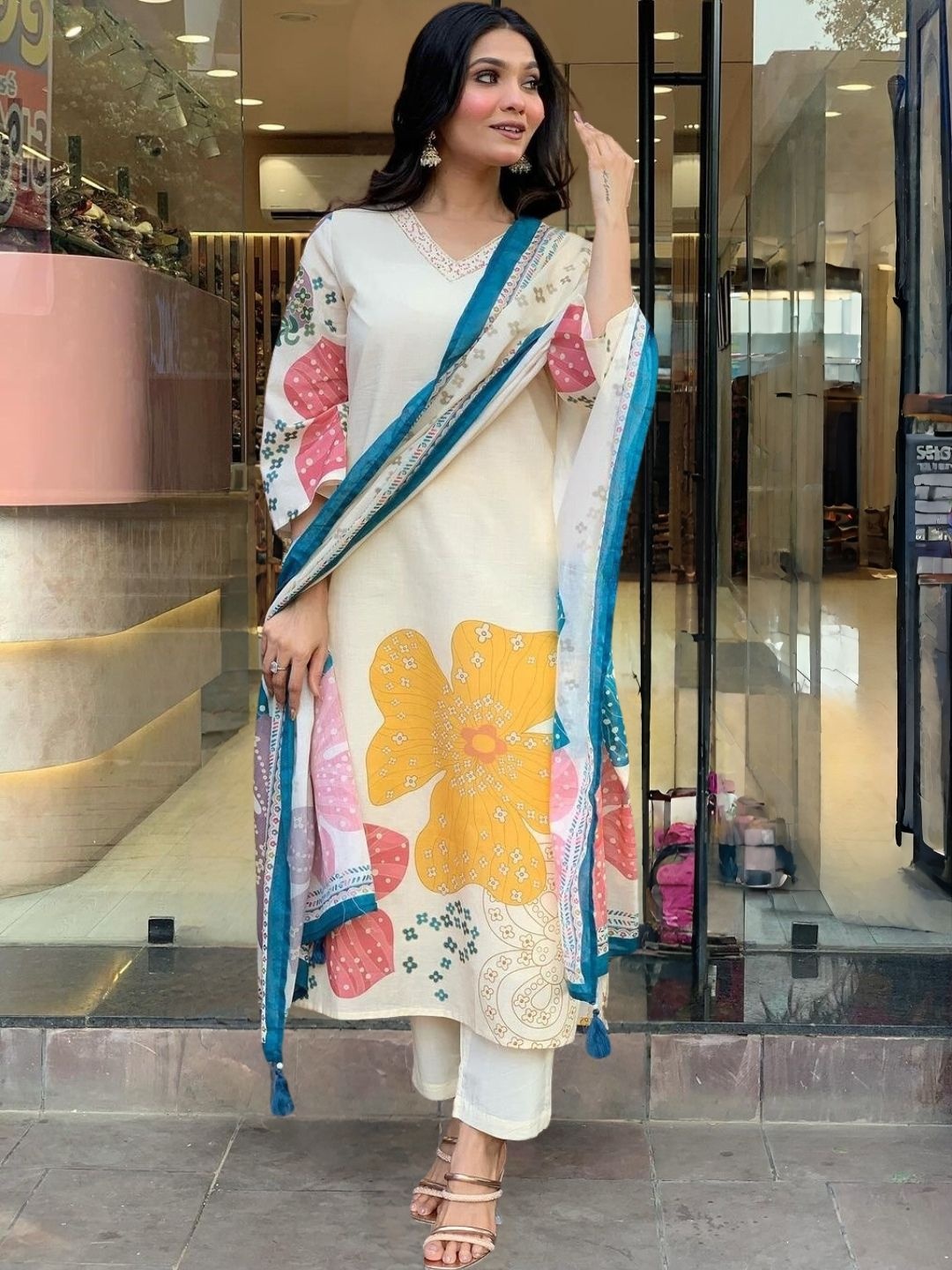 

KALINI Floral Printed V-Neck Straight Kurta With Trousers And Dupatta, Beige