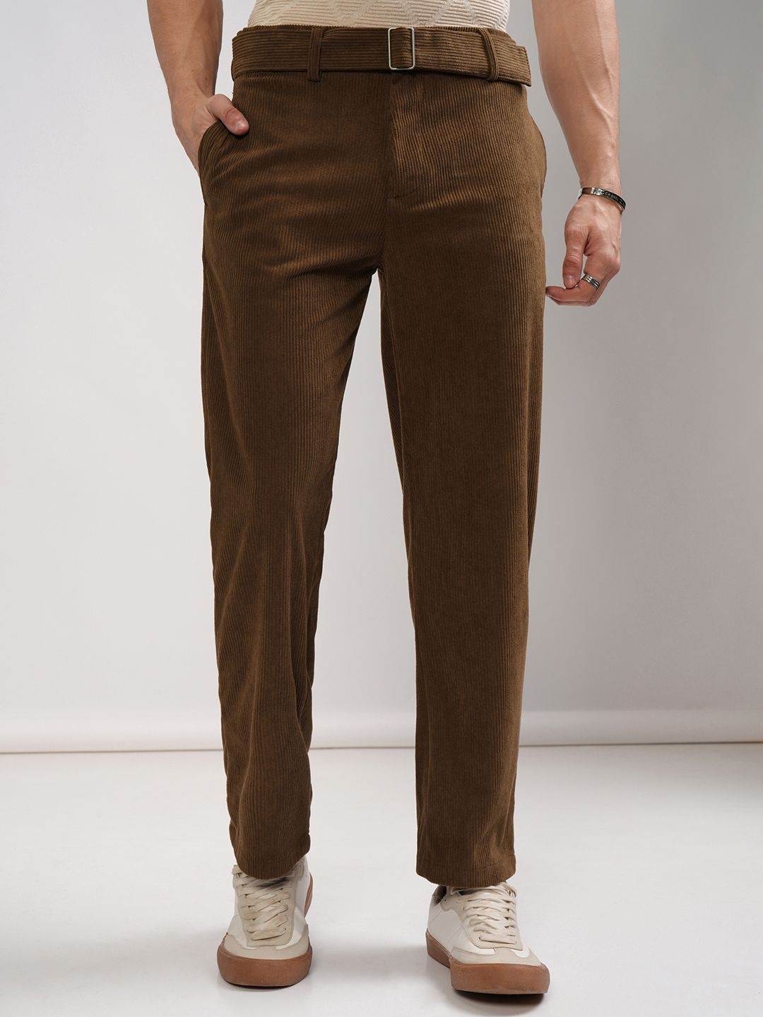 

HIGHLANDER Men Relaxed Fit Mid-Rise Korean Pants Trousers, Brown