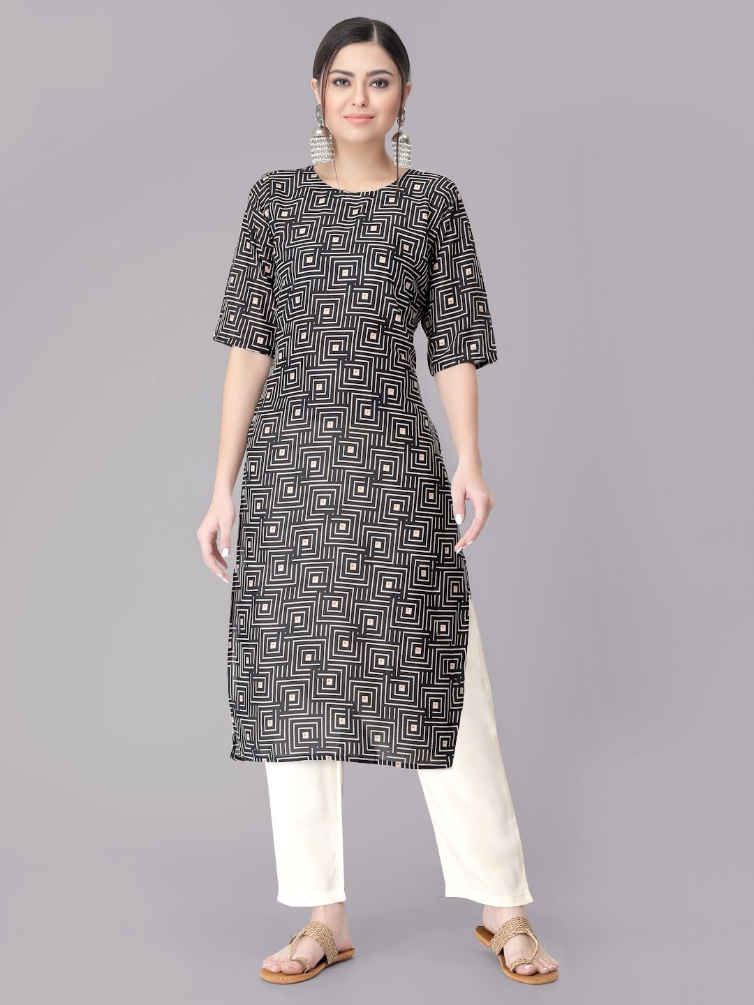

7Threads Geometric Printed Round Neck Straight Kurta With Trousers, Black