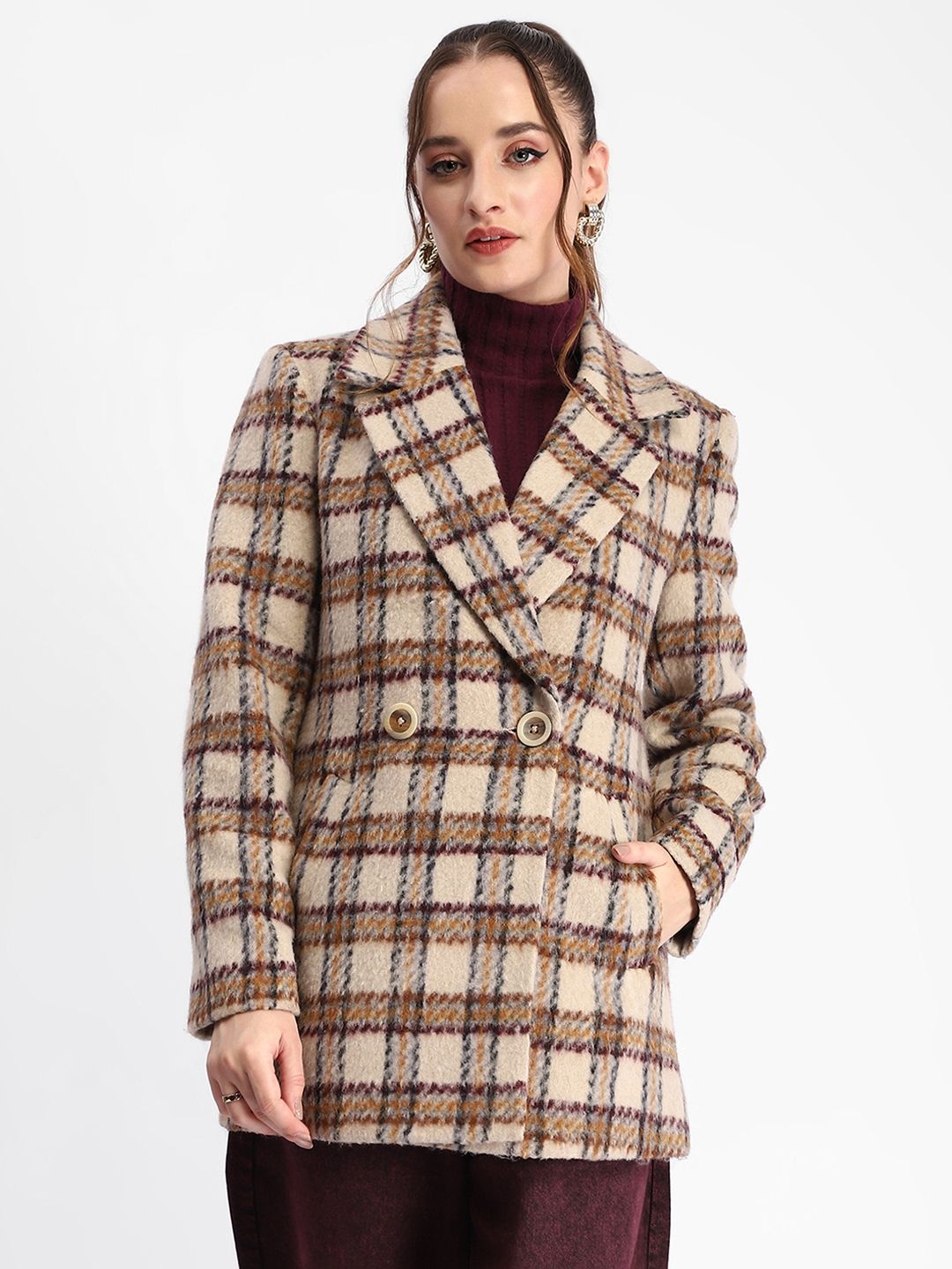 

Madame Checked Double-Breasted Overcoat, Beige