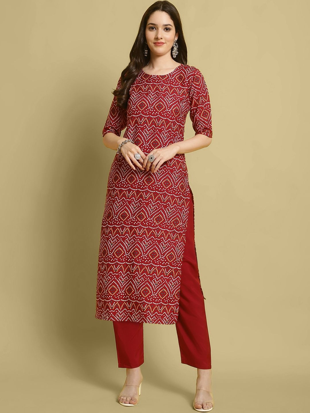 

7Threads Women Ethnic Motifs Printed Regular Kurta with Trousers, Maroon