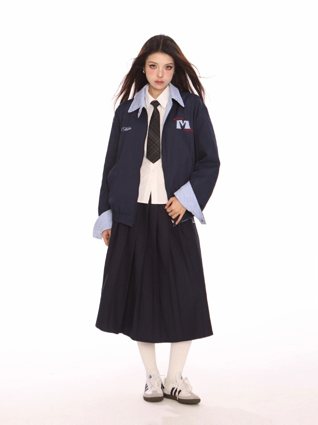 

StyleCast Women Spread Collar Solid Longline Bomber Jacket, Navy blue