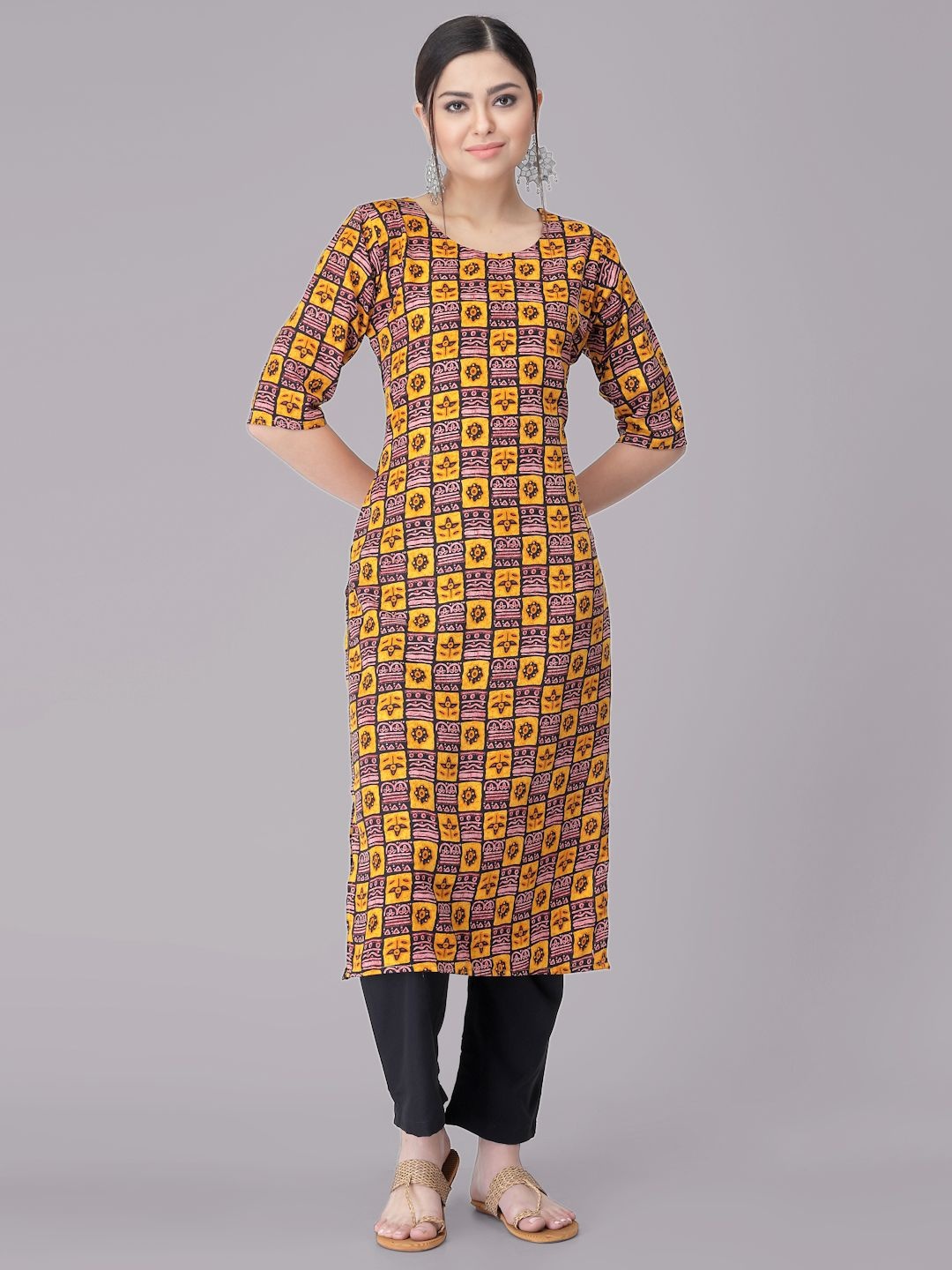 

7Threads Ethnic Motifs Printed Round Neck Straight Kurta With Trousers, Black