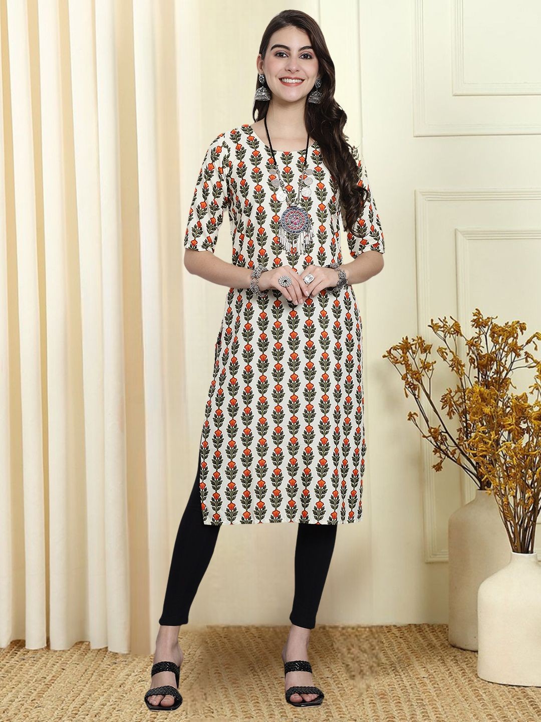 

7Threads Ethnic Motifs Printed Round Neck Kurta, White