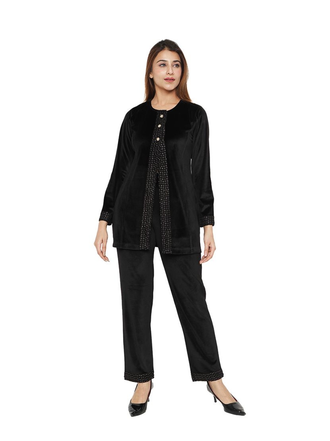 

TWENTY ME Embellished Round Neck Long Sleeves Top With Trouser, Black