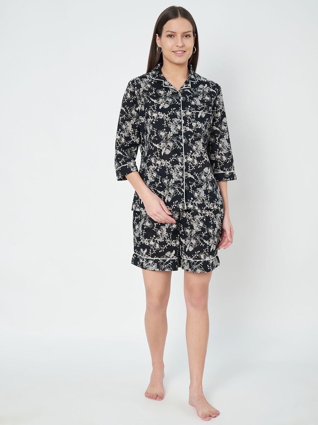 

ETC Women Printed Pure Cotton Night suit, Black