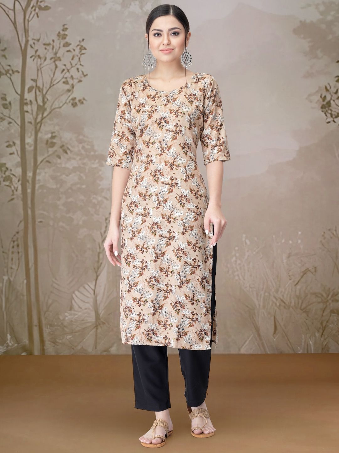 

7Threads Floral Printed Round Neck Straight Kurta With Trousers, Beige
