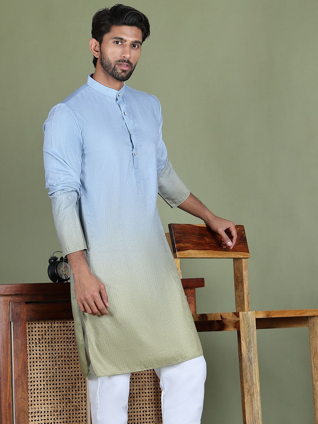 

Jompers Striped Sequined Ombre Band Collar Straight Kurta, Blue