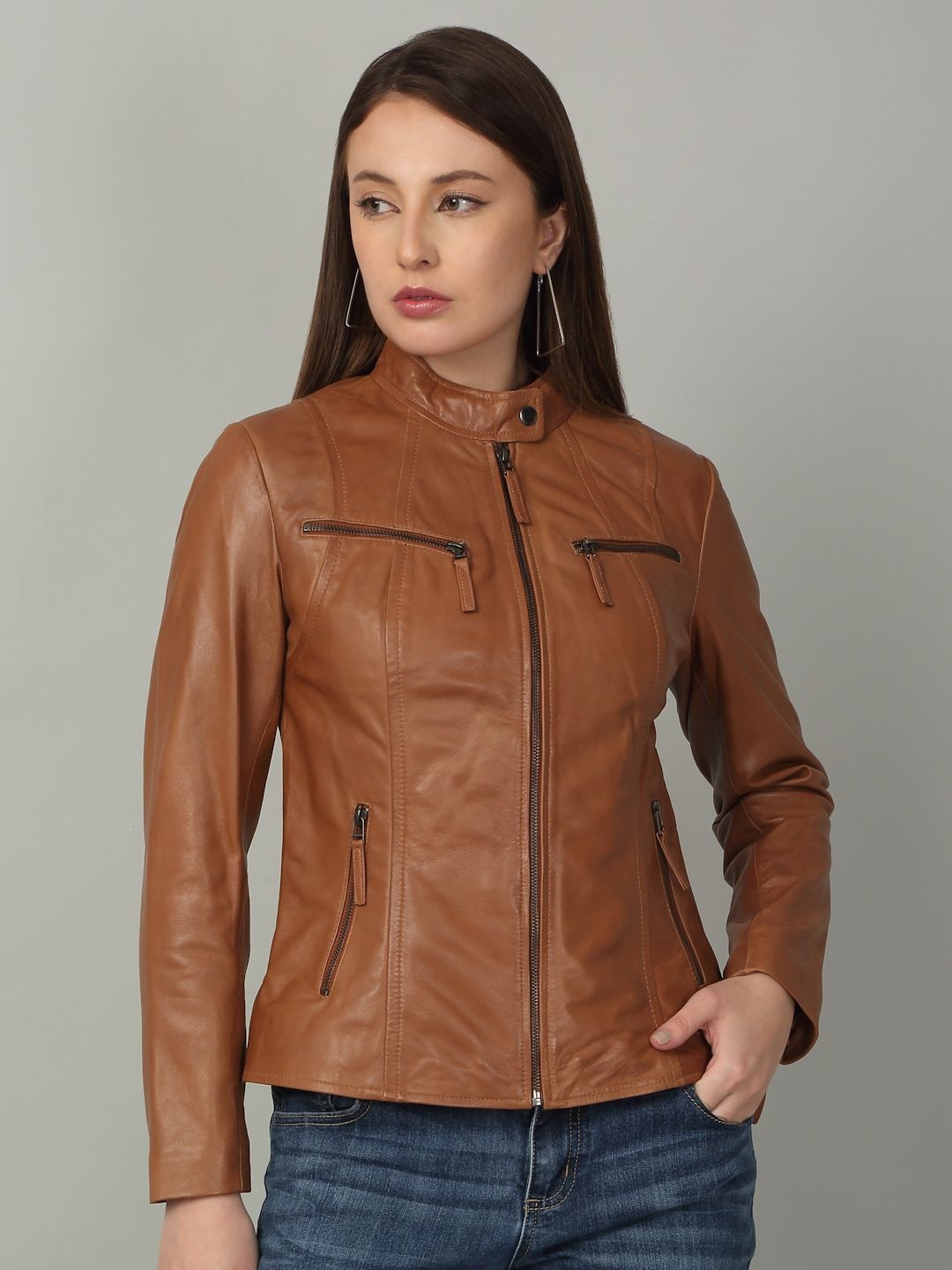 

Teakwood Leathers Women Mandarin Collar Solid Leather Casual Leather Lightweight Jacket, Tan