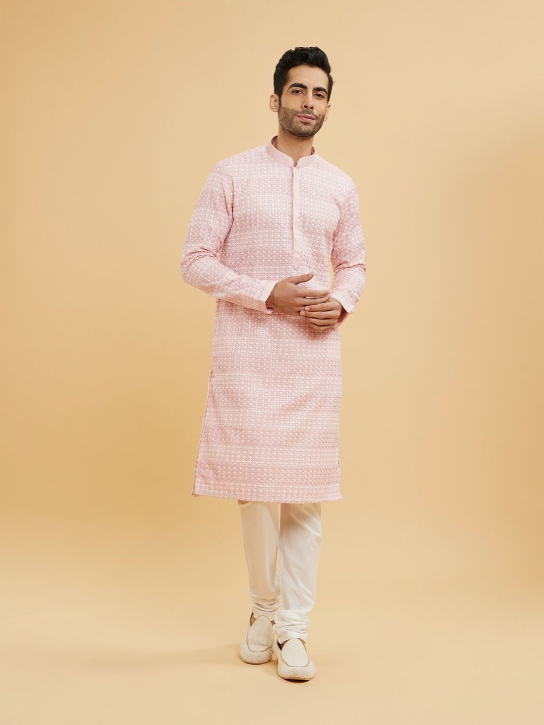 

Twamev Ethnic Motifs Embroidered Mandarin Collar Georgette Straight Kurta With Churidar, Pink