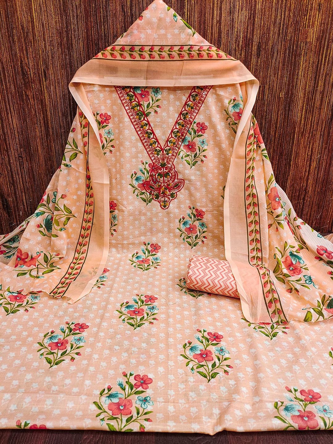 

KALINI Floral Printed Thread Work Unstitched Dress Material, Peach