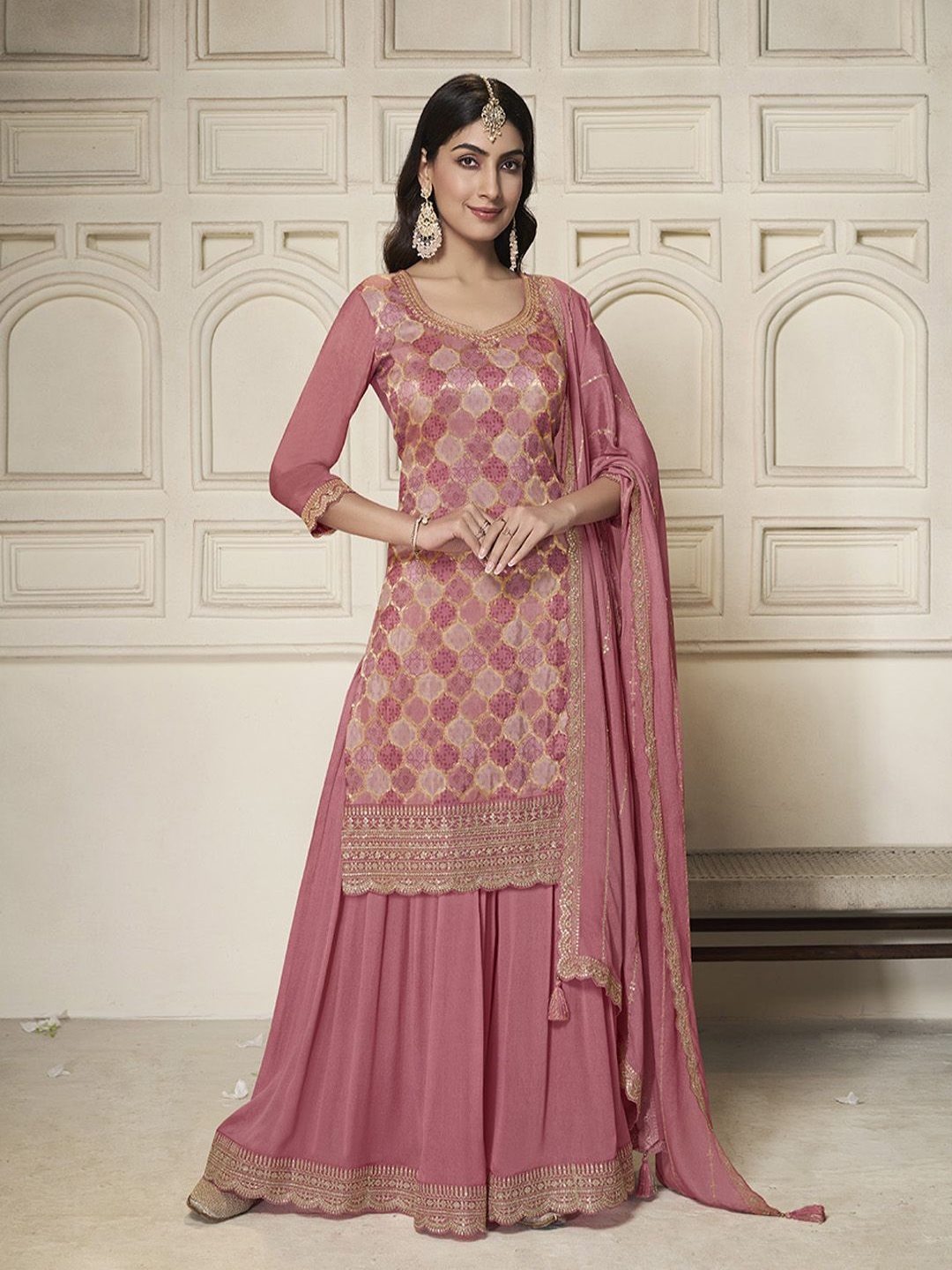 

Seerat Ethnic Motifs Embroidered Straight Pure Silk Kurta with Sharara And Dupatta, Peach