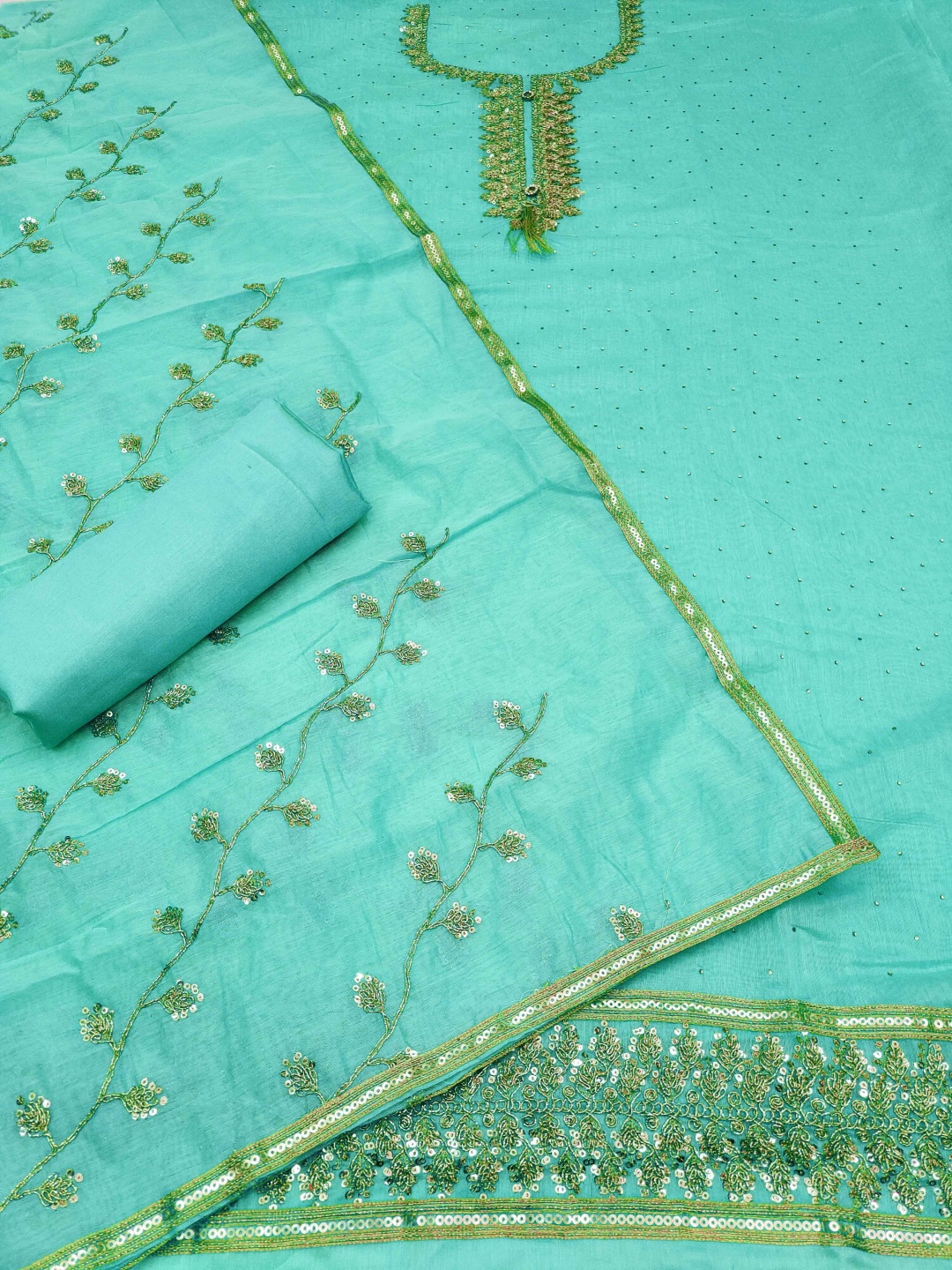 

RUDRAA FAB Floral Embroidered Sequinned Unstitched Dress Material, Turquoise blue