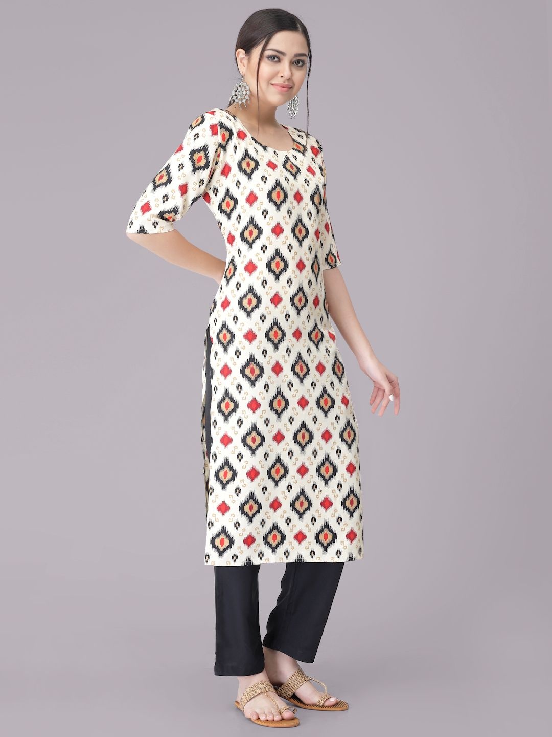 

7Threads Ethnic Motifs Printed Round Neck Straight Kurta With Trousers, Off white