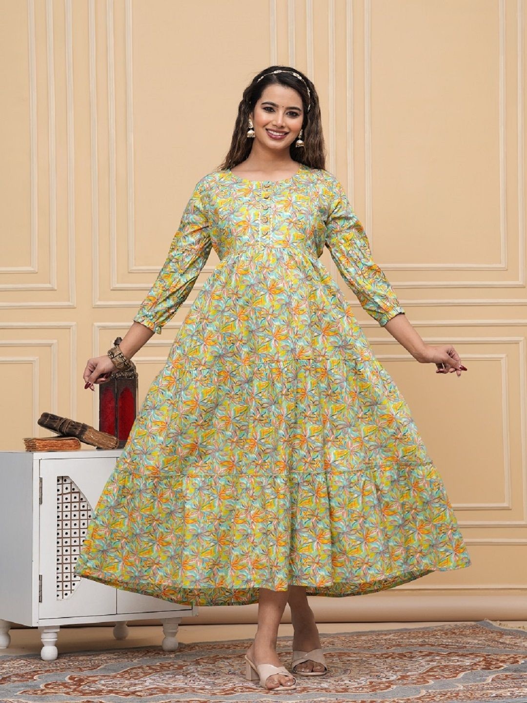 

Nevisha Style Floral Printed Pleated Gotta Patti Maternity Pure Cotton Anarkali Kurtas, Yellow