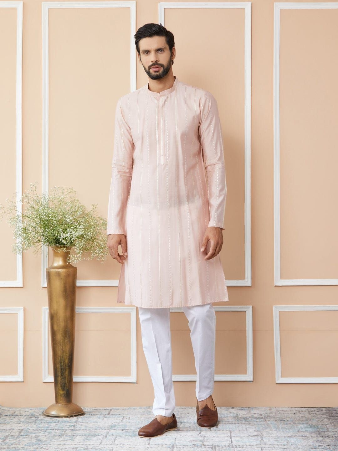 

MULTI SHADES Embroidered Mandarin Collar Straight Sequinned Kurta with Pyjama, Peach