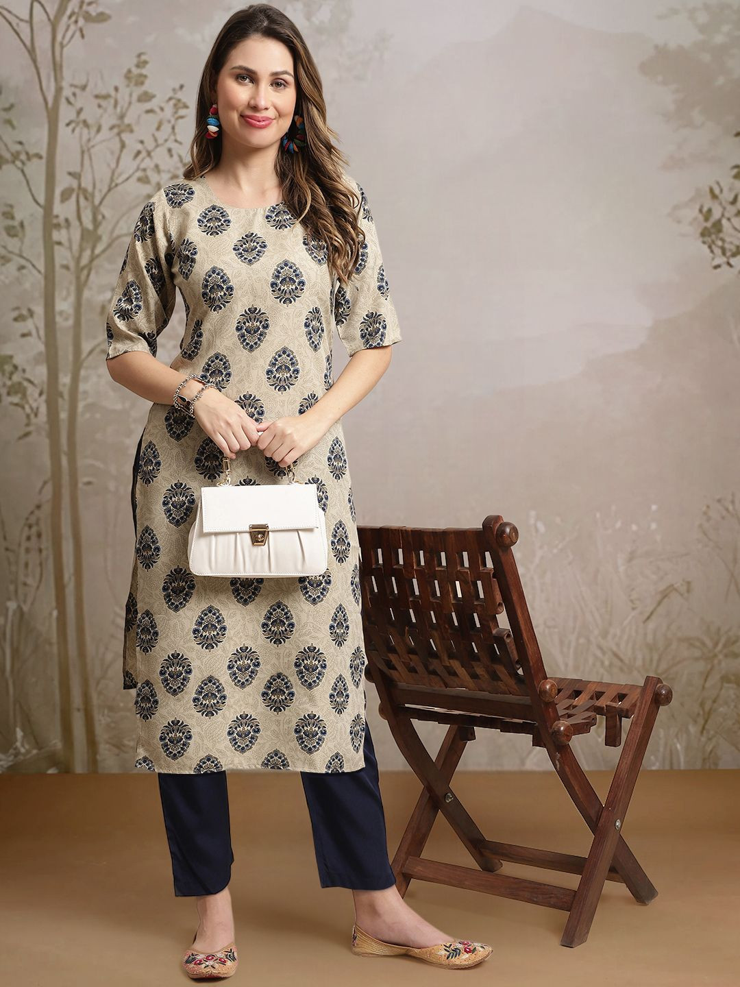 

7Threads Ethnic Motifs Printed Work Straight Kurta with Trouser, Beige