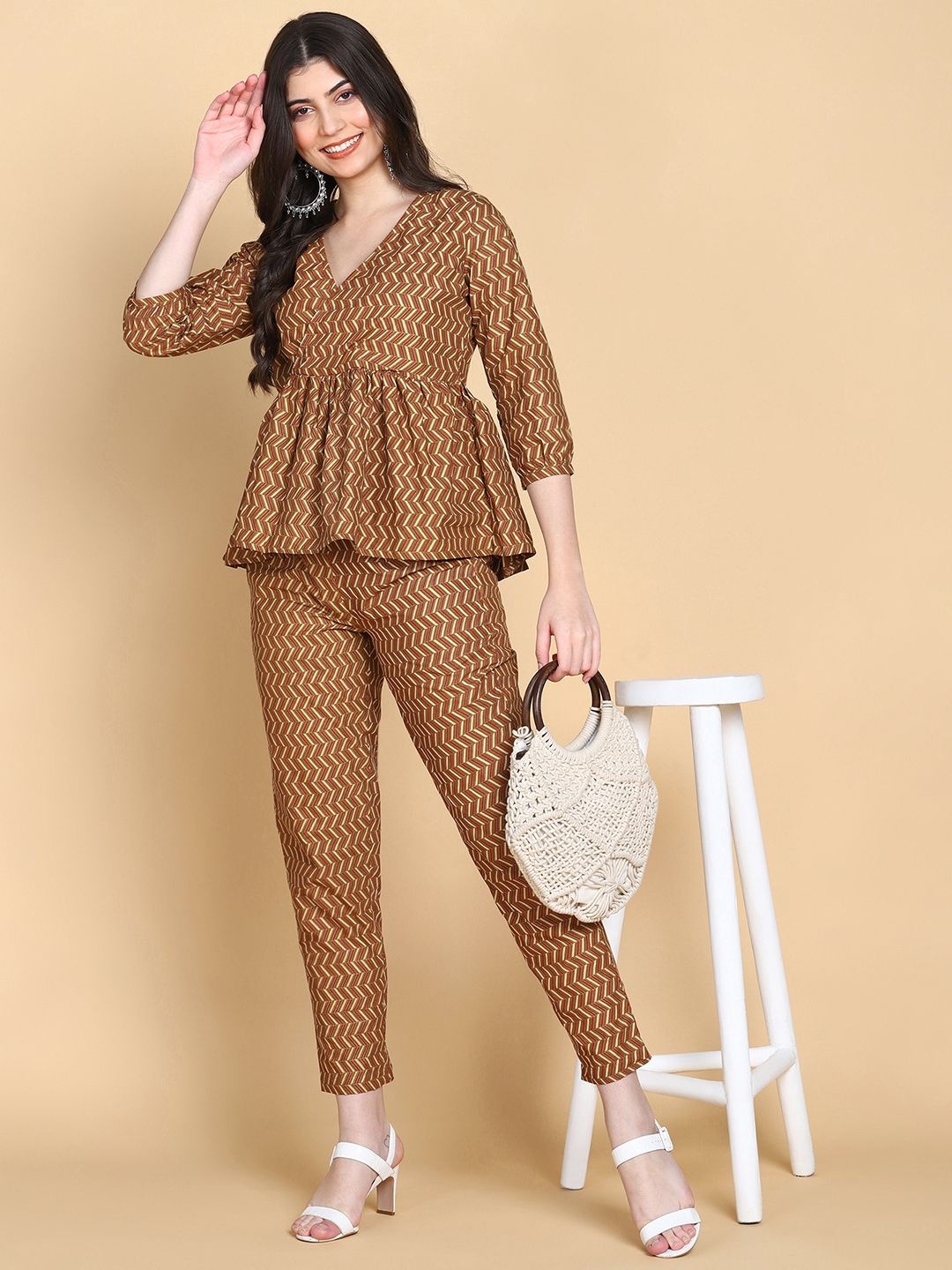 

HERE&NOW Printed V-Neck Three-Quarter Sleeves Pure Cotton Top & Trouser, Beige