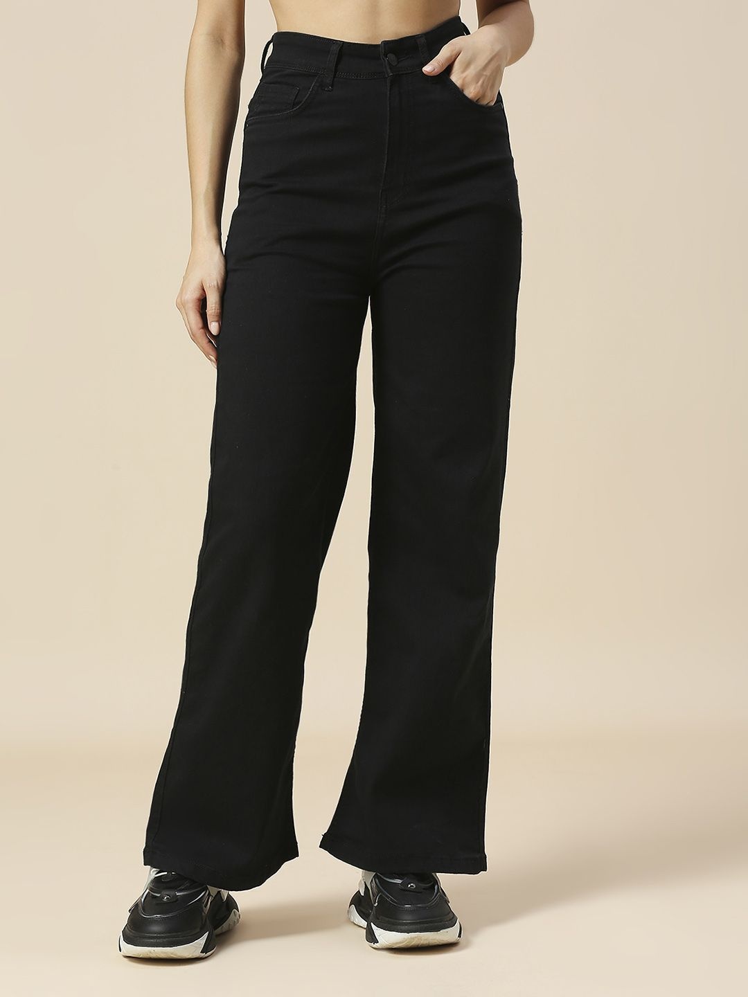 

HJ HASASI Women Wide Leg High-Rise Stretchable Jeans, Black