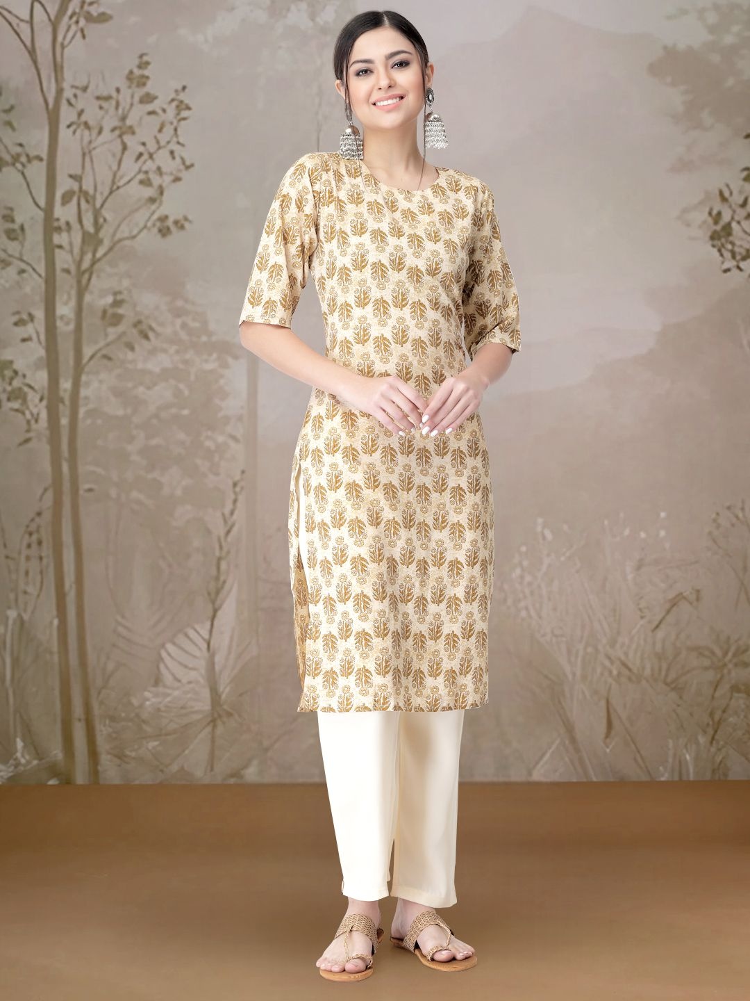 

7Threads Floral Printed Round Neck Straight Kurta With Trousers, Beige