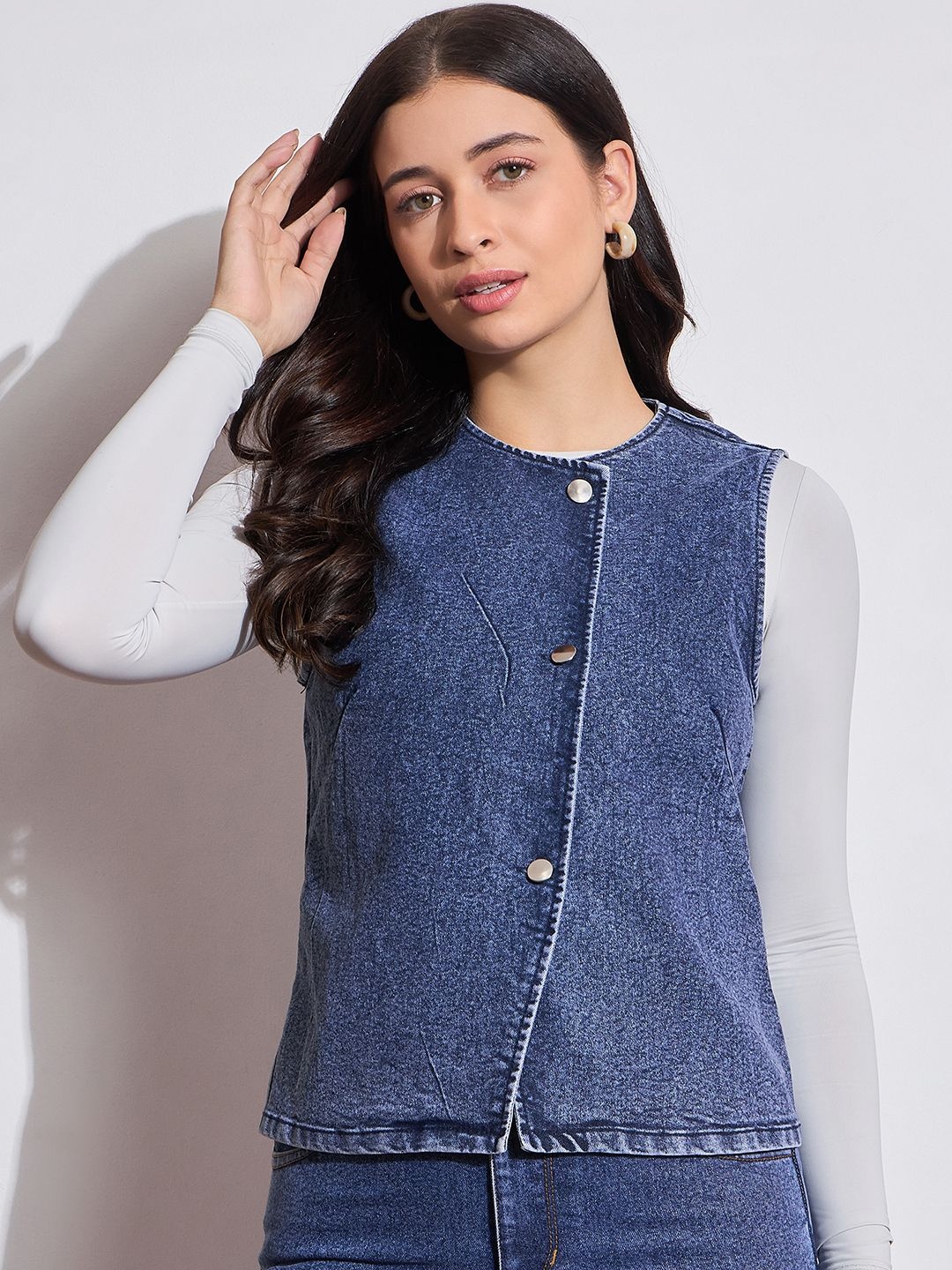 

DRAPE AND DAZZLE Women Collarless Washed Solid Casual Denim Jacket, Navy blue