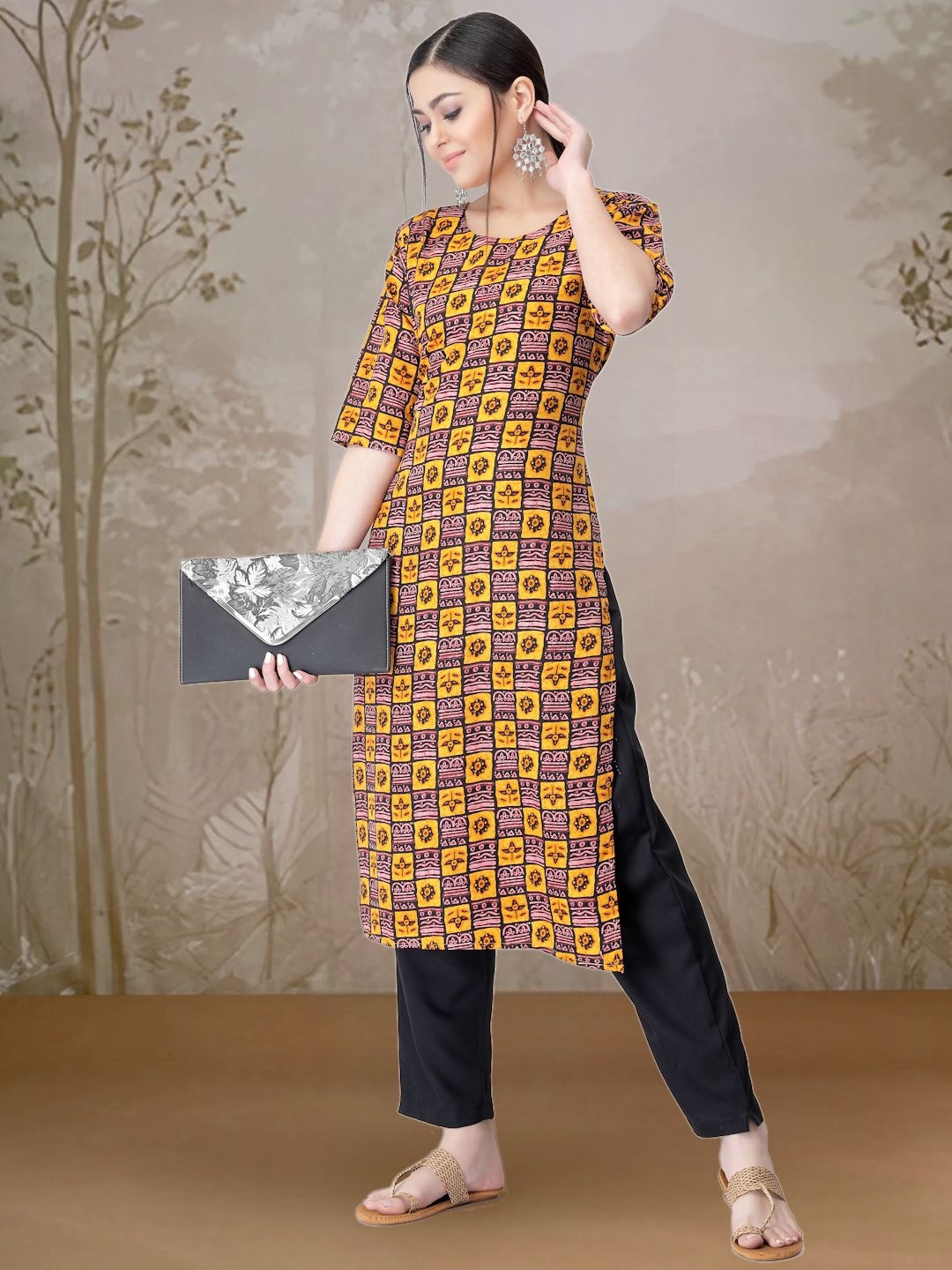 

7Threads Ethnic Motifs Printed Round Neck Straight Kurta With Trouser, Yellow