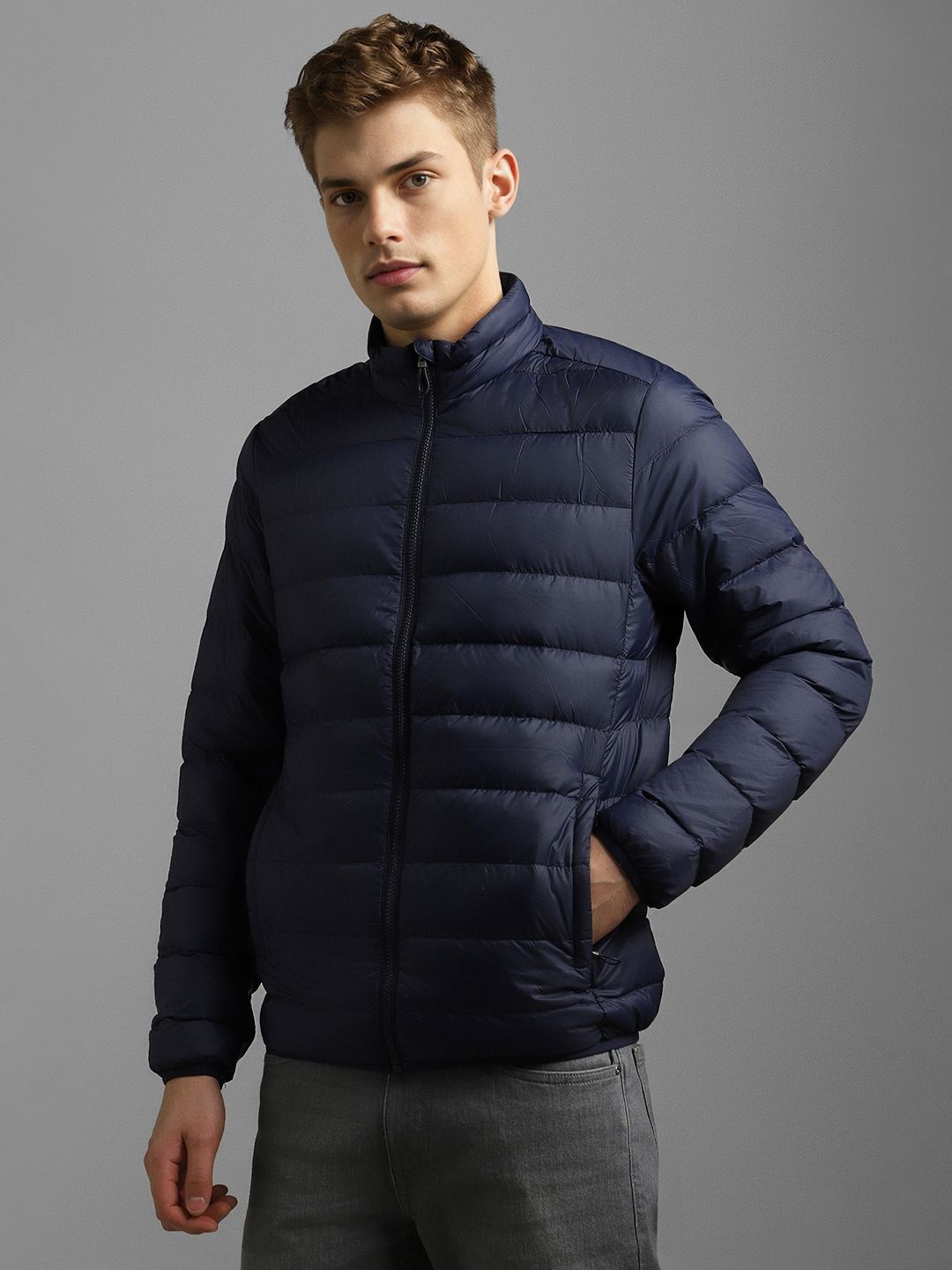 

Louis Philippe Sport Men Puffer Stand Collar Casual Jacket, Navy blue