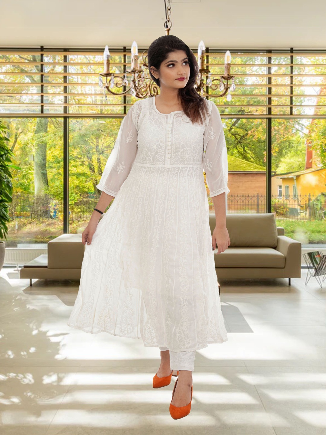 

ADR CHIKAN Lucknowi Chikankari Round Neck Georgette Anarkali Kurta, White