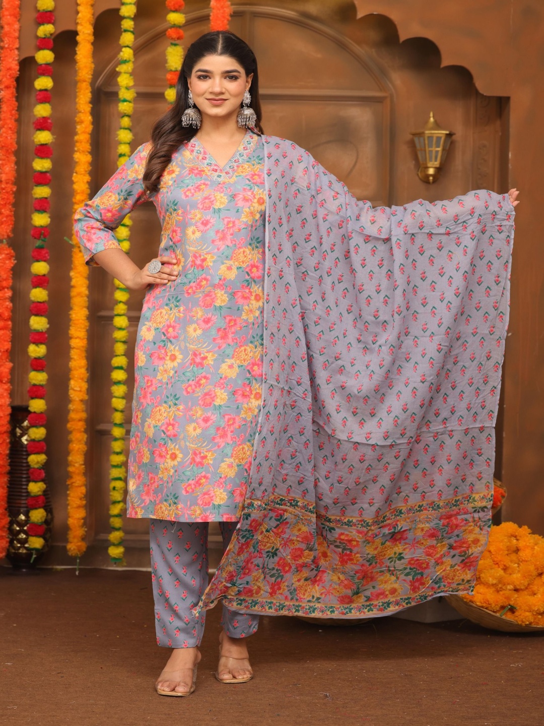 

KALINI Floral Printed Mirror Work V-Neck Straight Kurta With Trousers And Dupatta, Grey