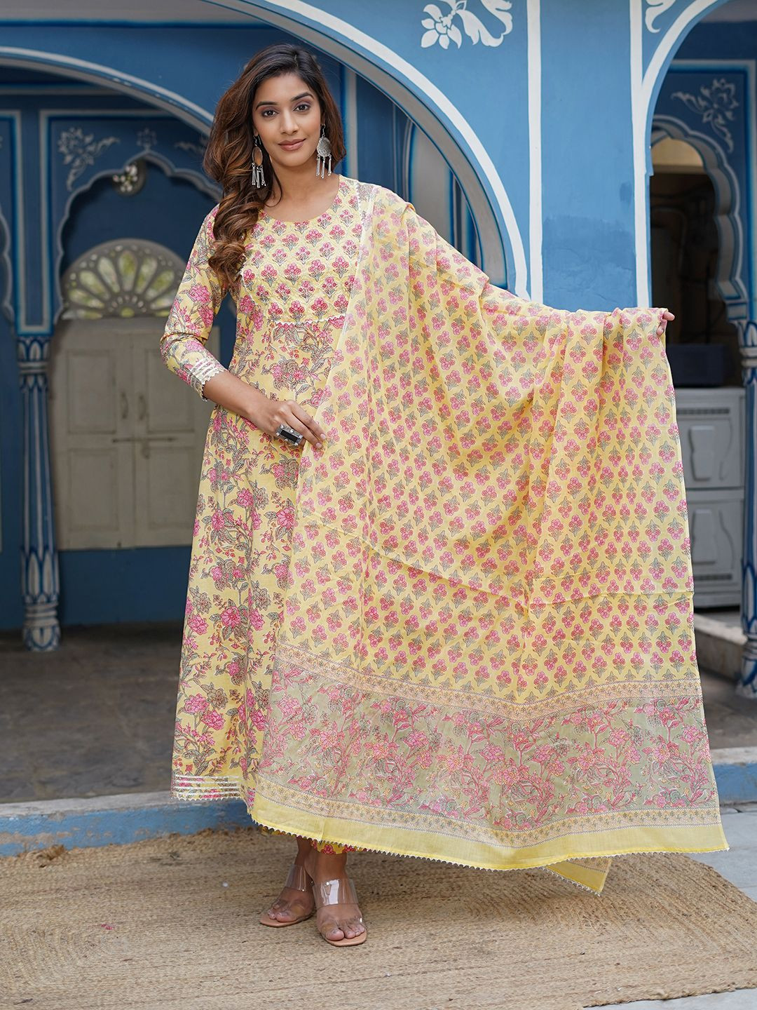 

Jaitpuriya Floral Printed Gotta Patti Pure Cotton Anarkali Kurta With Trousers And Dupatta, Yellow