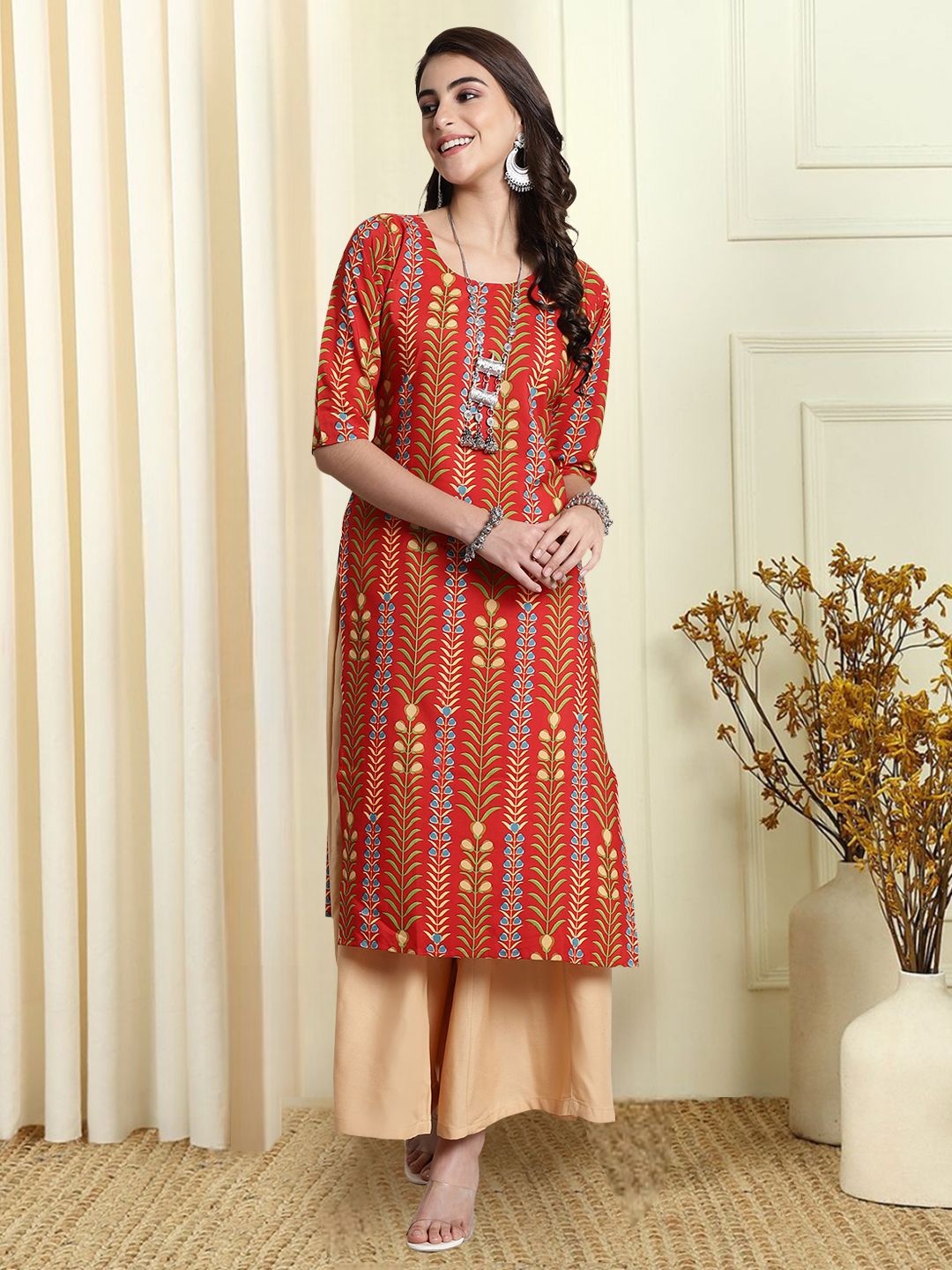 

7Threads Floral Printed Round Neck Straight Kurta, Red