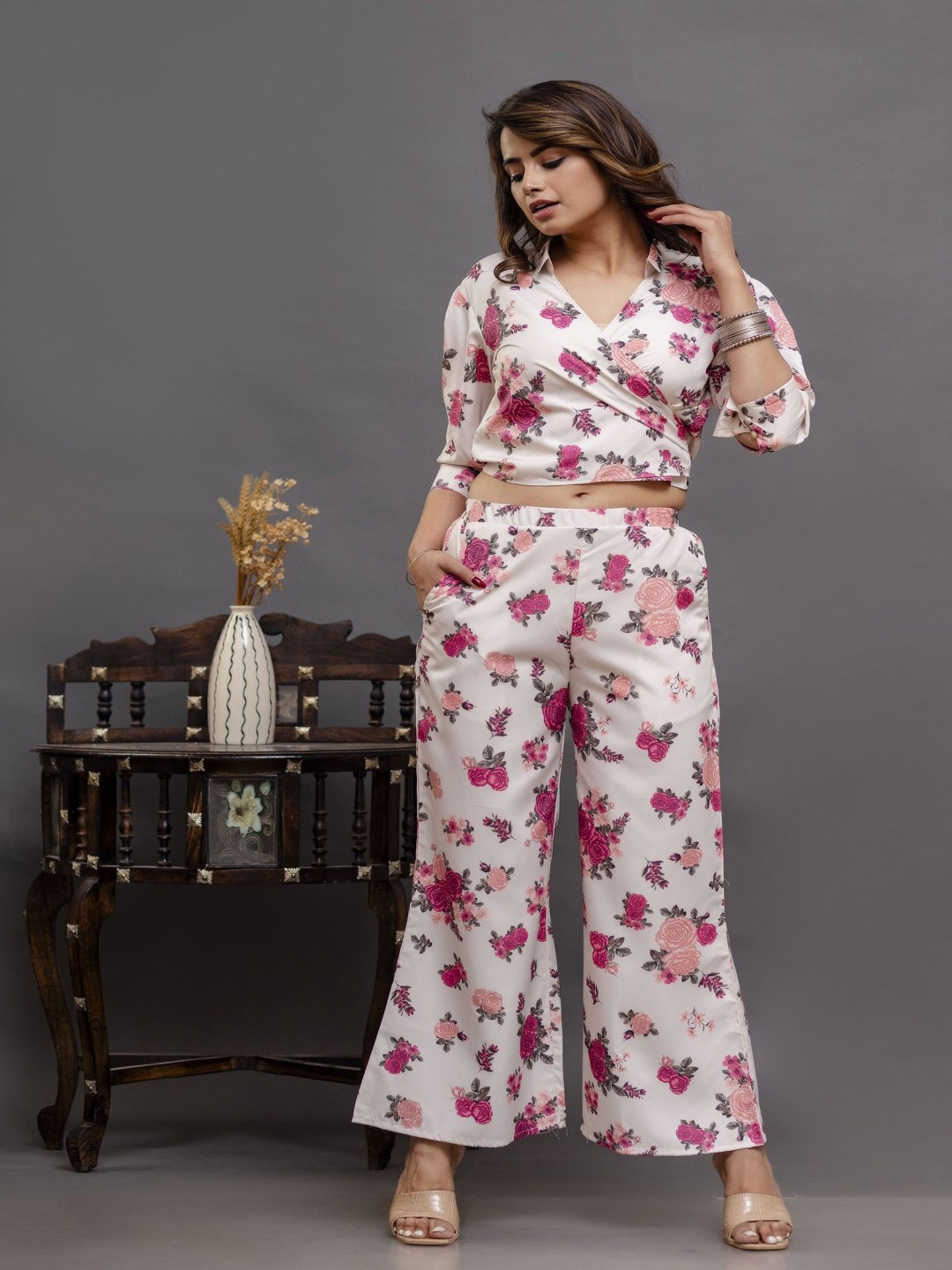 

Shedika Floral Printed Shirt Collar Three-Quarter Sleeves Top With Trouser, White