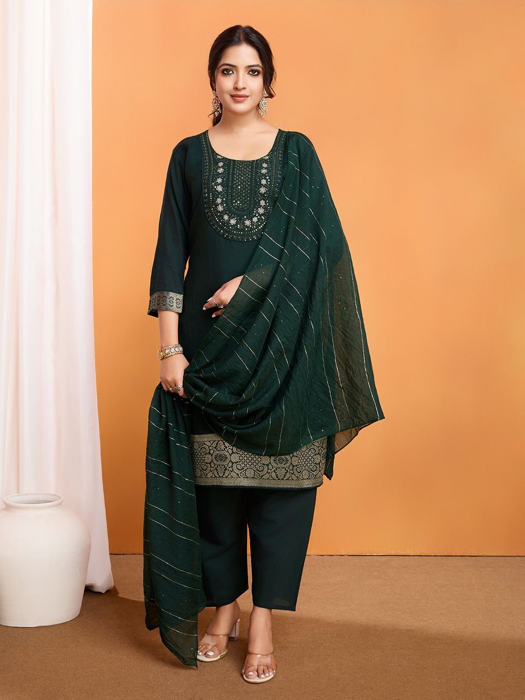 

LeeliPeeri Designer Floral Embroidered Straight Dola Silk Kurta with Trousers And Dupatta, Green