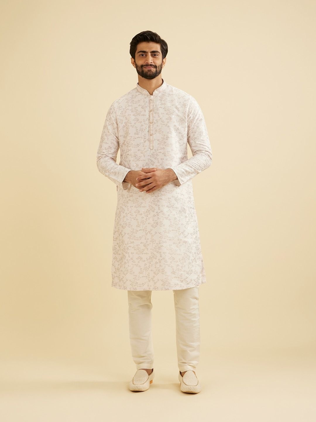 

Manyavar Floral Printed Mandarin Collar Straight Kurta With Pyjama, White