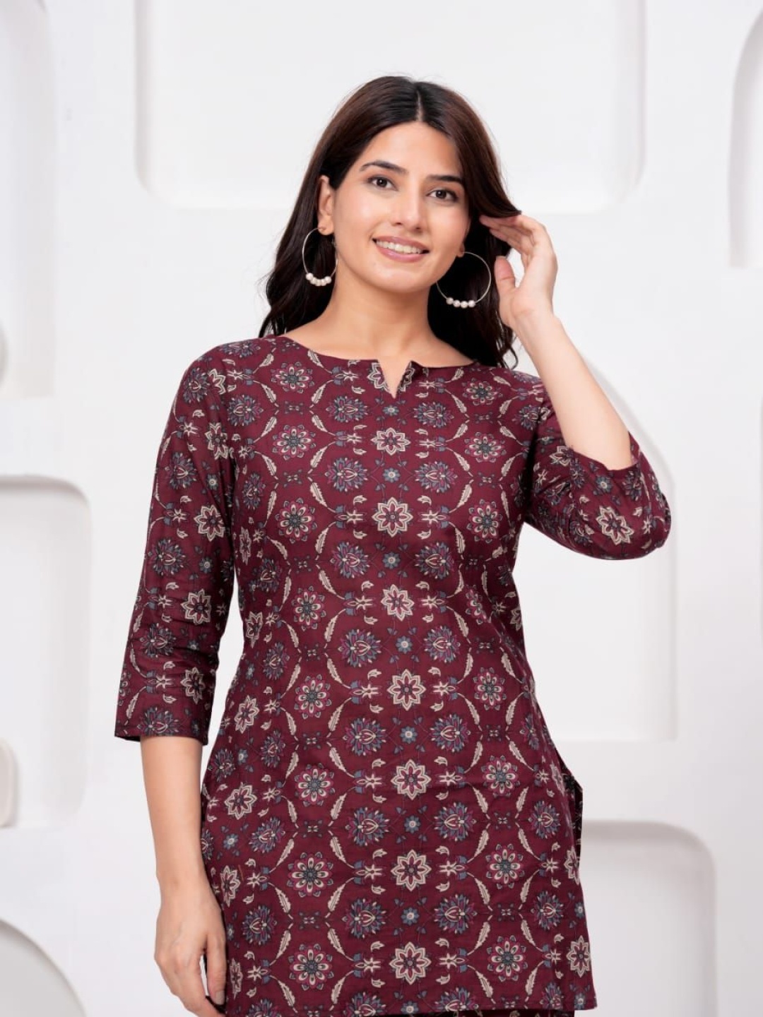 

MILAAV Printed Round Neck Three-Quarter Sleeves Pure Cotton Top With Trouser, Maroon