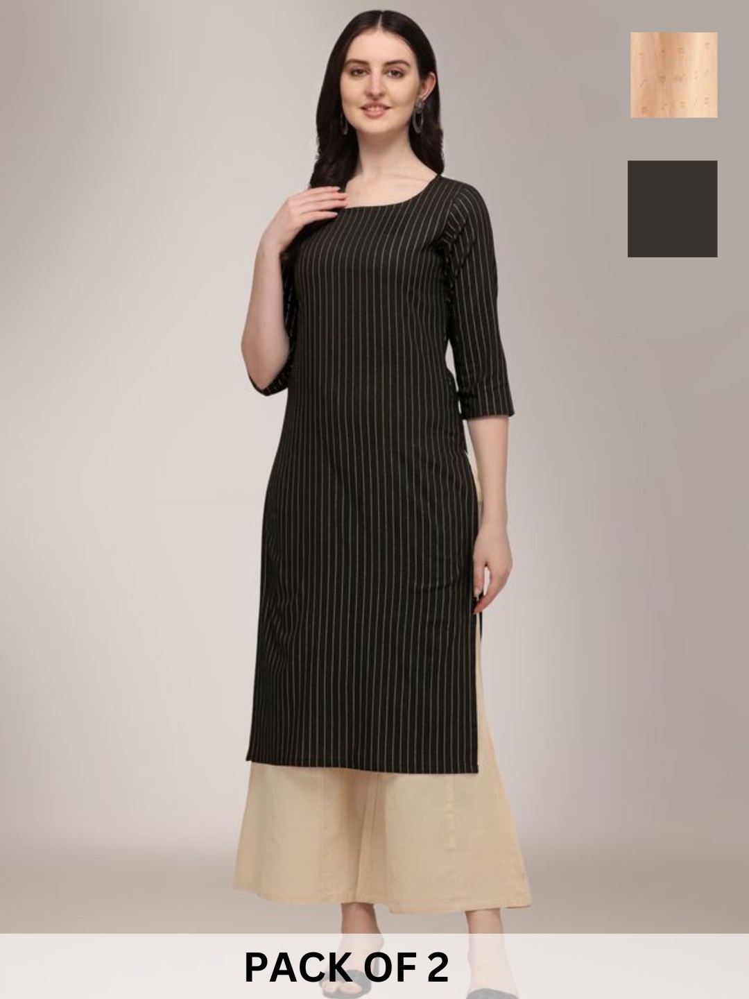 

KALINI Selection Of 2 Striped Printed Round Neck Pure Cotton Straight Kurta, Black