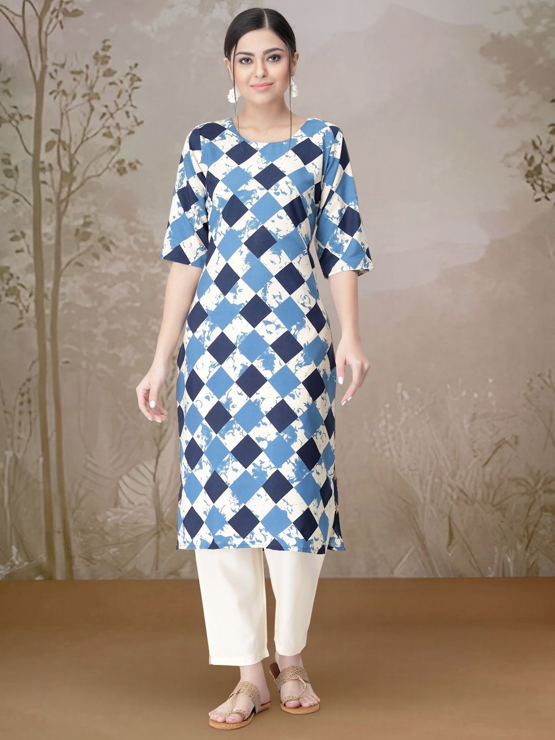 

7Threads Geometric Printed Round Neck Straight Kurta With Trousers, Blue