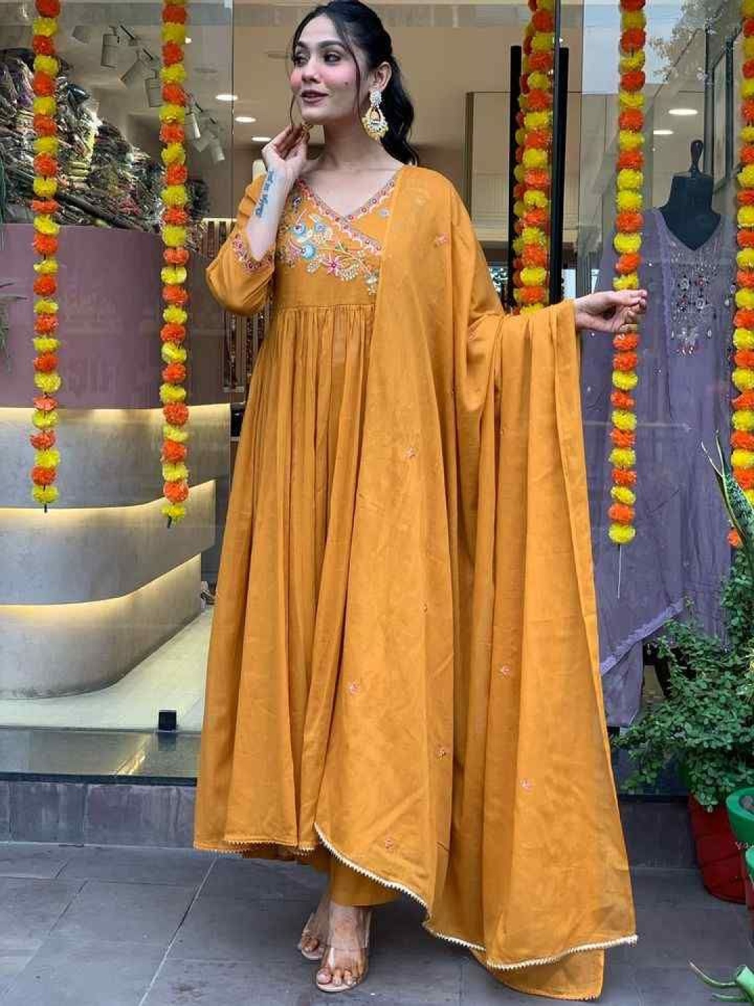 

HERE&NOW Floral Embroidered V-Neck Angrakha Kurta with Trousers And Dupatta, Mustard