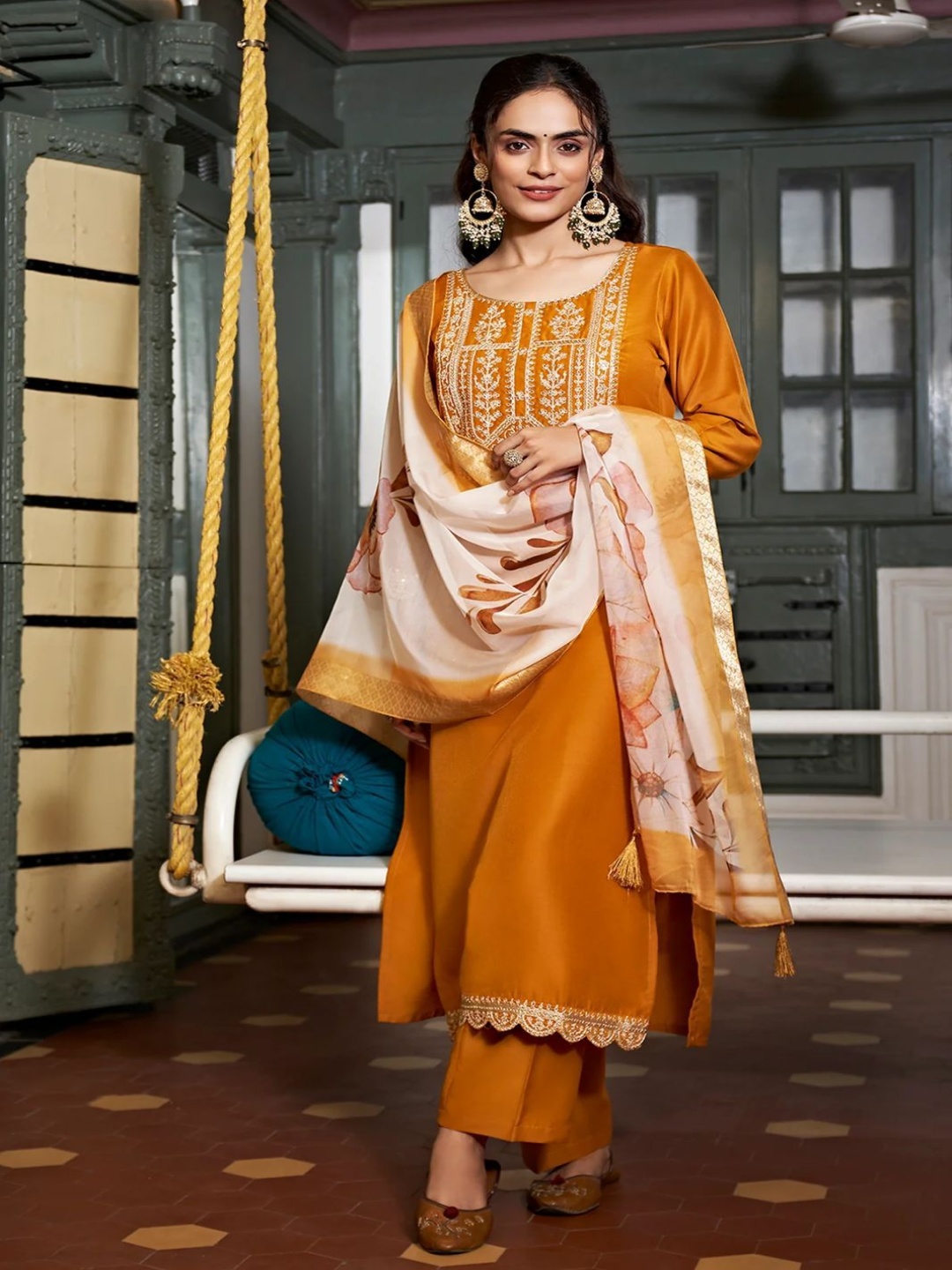 

HETVI CREATION Floral Embroidered Zari Straight Kurta With Trouser & Dupatta, Mustard