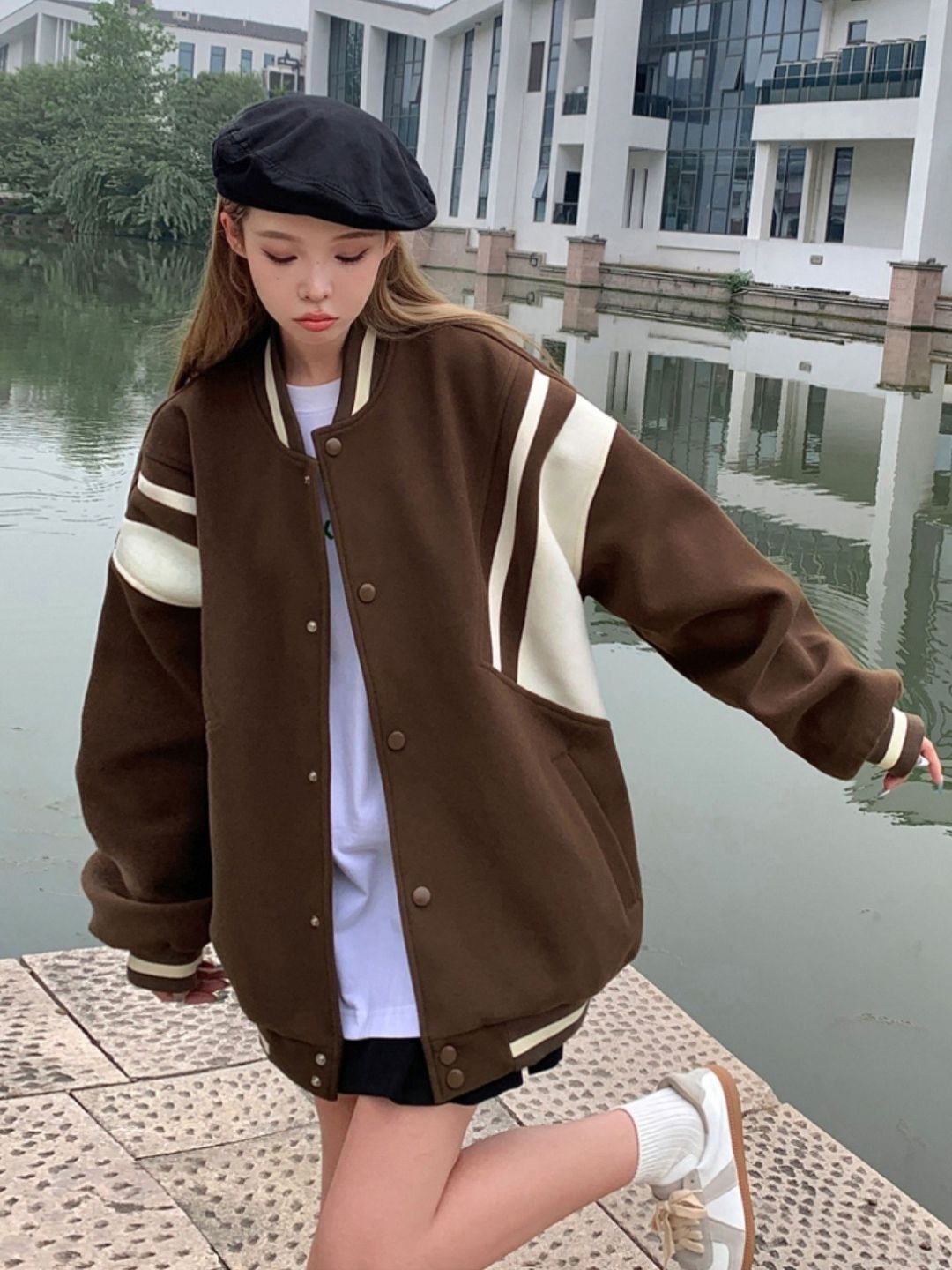 

StyleCast Women Stand Collar Colourblocked Casual Bomber Jacket, Brown