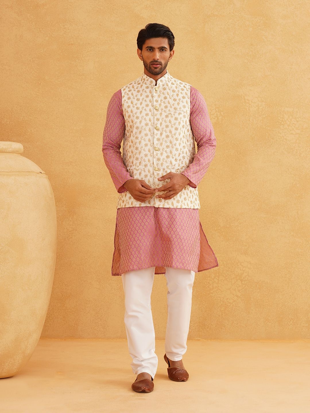 

SOJANYA Ethnic Motifs Woven Design Mandarin Collar Kurta With Churidar And Nehru Jacket, Pink