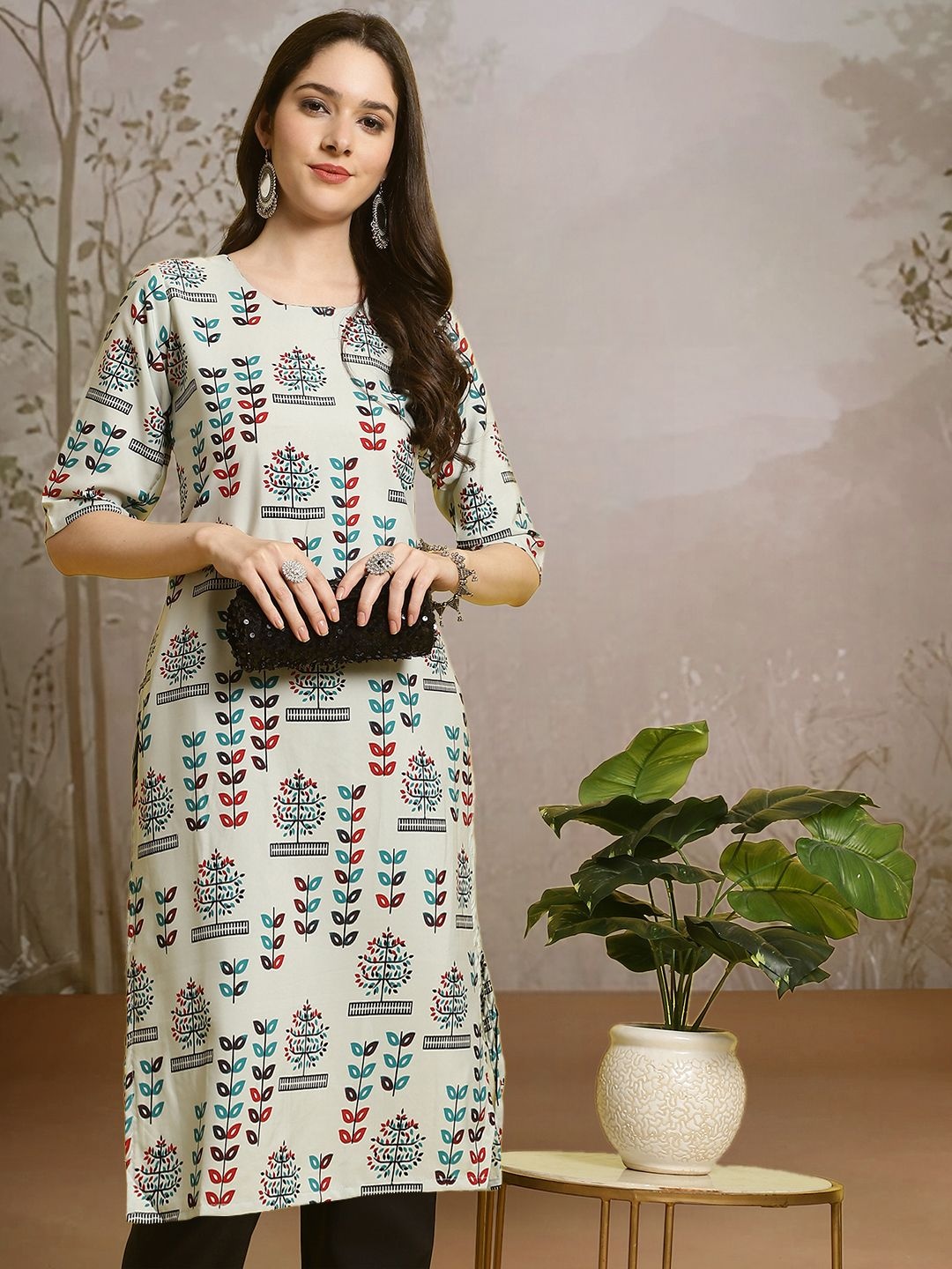 

7Threads Ethnic Motifs Printed Round Neck Straight Kurta With Trouser, Blue