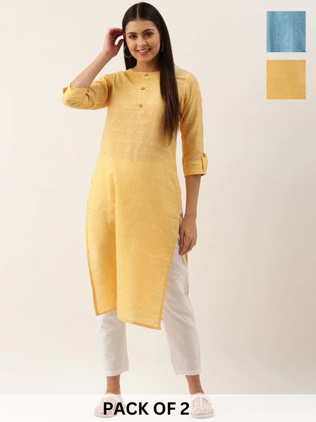 

KALINI Selection Of 2 Geometric Printed Round Neck Pure Cotton Straight Kurta, Mustard