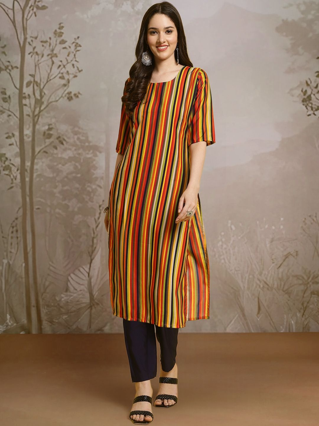 

7Threads Striped Printed Round Neck Straight Kurta With Trousers, Orange